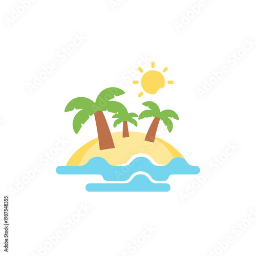 Tropical island with palm trees, sun, and ocean waves, flat design icon.