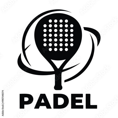 Two crossed padel rackets with a ball above them in a black and white illustration.
Black silhouette of a padel racket and ball with the word padel isolated on white background
