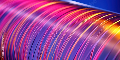 Abstract flowing lines of pink, orange, and yellow colors on a blue background