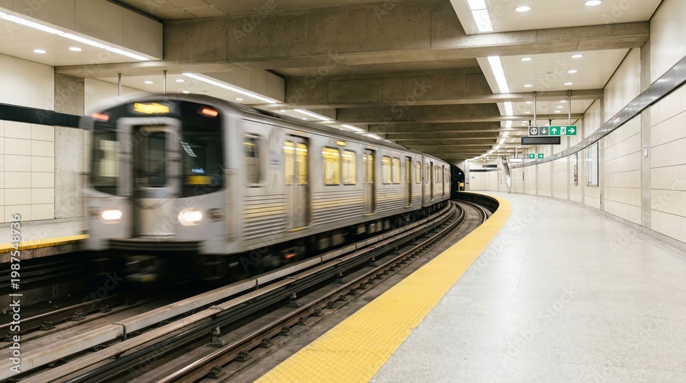 Fototapeta premium Subway train arriving at a modern underground station. Motion blur of a commuter train in a city transit tunnel
