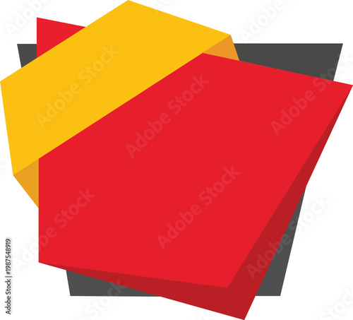 bold overlapping abstract polygon shapes in red yellow and gray layered collage design on white background