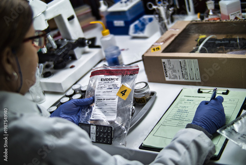 A police forensic expert is examining a mobile phone that is being used as evidence in a murder case
