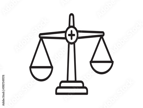 Simple black and white line drawing of scales of justice symbolizing fairness and law