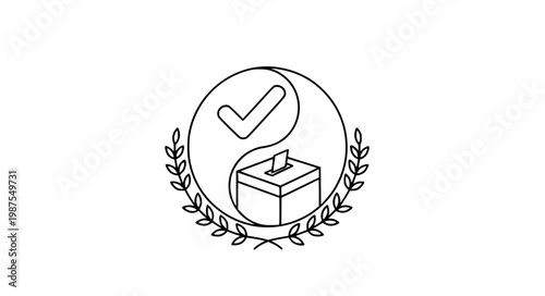 South Korea election line art vector with ballot box checkmark yin yang and laurel wreath isolated on white background