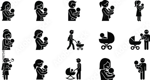 Diverse collection of black silhouette icons depicting parents affectionately holding and caring for their babies