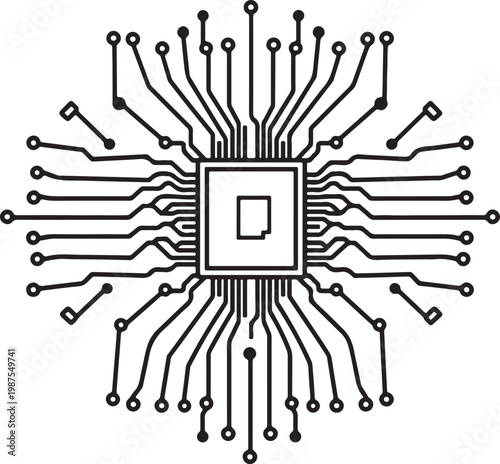 Complex integrated circuit with intricate pin connections radiating outward