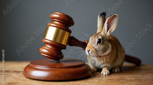 Hare sitting beside wooden judge gavel on table