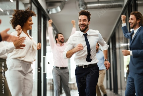 Group of People Running Joyfully in Office During Work Hours in the Afternoon