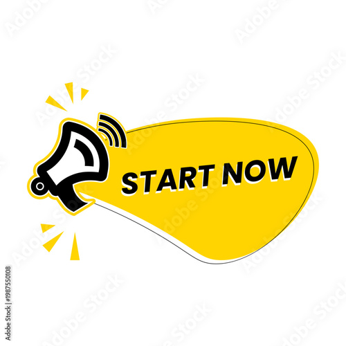 Megaphone with start now speech bubble for business announcement. Loudspeaker. Banner for business, marketing and advertising. Vector illustration.