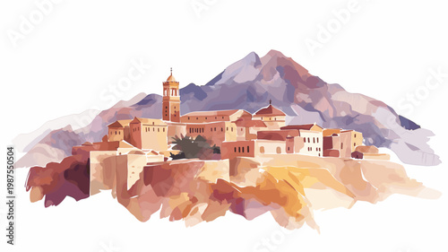 Mount Sinai and St. Catherine?s Monastery. Mount Sinai and St. Catherine?s Monastery hand drawn watercolor illustration on white background