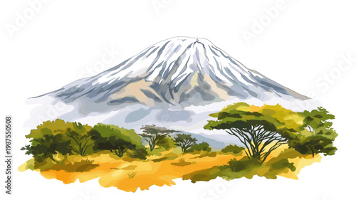 Mount Kilimanjaro. Mount Kilimanjaro hand drawn watercolor illustration on white background