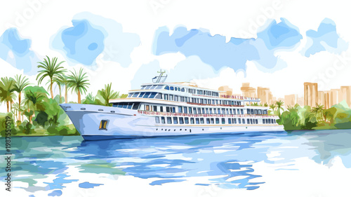 Nile River Cruises. Nile River Cruises hand drawn watercolor illustration on white background