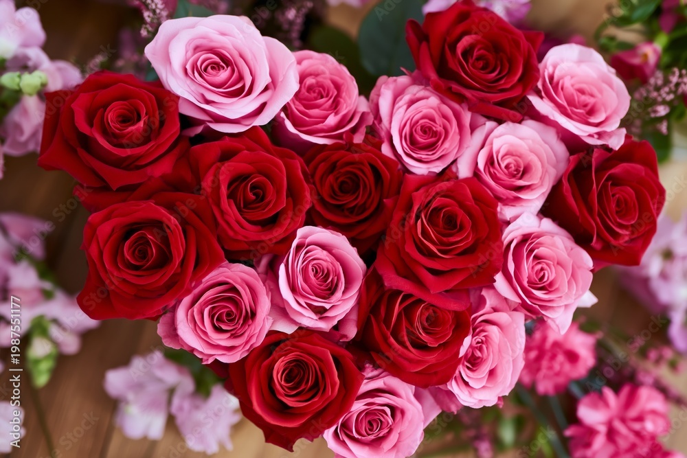 Obraz premium Heart Shape Made of Red and Pink Roses on a Wooden Surface