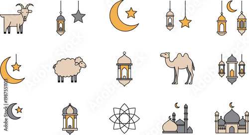 Modern Islamic Eid al Adha Icon Set with Muted Color Palette Featuring Sacrificial Animals, Mosque Architecture, Crescent Moons, and Decorative Lanterns for Holiday Branding