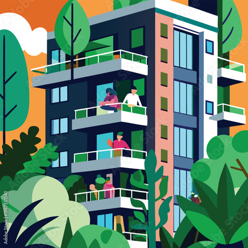 modern apartment building with balconies trees plants and orange sky symbolizing urban living with nature