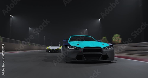GT3 Gran turismo race cars drive at night on a track, front view with headlights, motion blur shows speed, city lights and palm trees create intense motorsport action