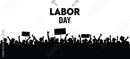 Labor day celebration a crowd of silhouettes with flags and raised hands