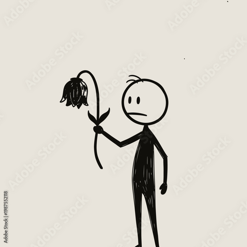 Stick figure holding a dead flower.