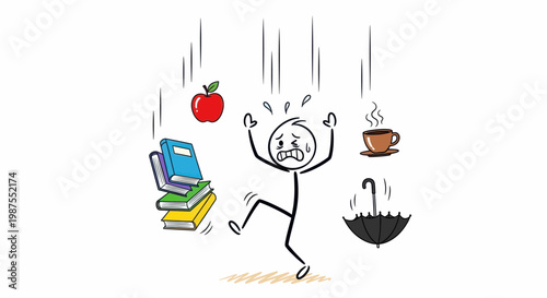 Stick figure juggling tasks and objects.