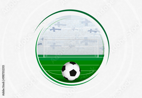 Finland football fan celebration scene featuring a soccer ball, goal net, and waving national flags in a stadium.