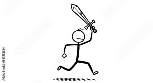 Stick figure running with sword illustration.