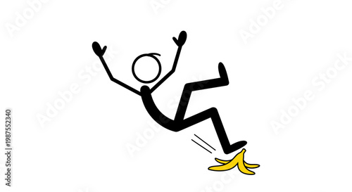 Stick Figure Slipping on Banana Peel.
