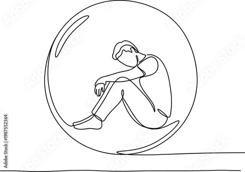 Continuous line drawing person trapped in bubble isolation loneliness mental health anxiety concept minimal vector outline illustration style modern