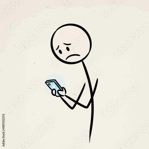 Stick figure using phone with unhappy face.