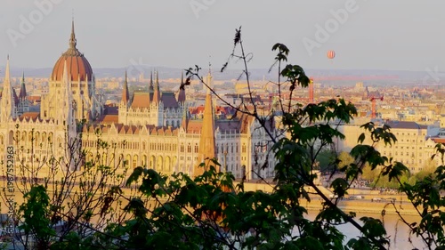 Aerial 4K video footage of Hungarian Parliament Building, Parliament of Budapest. Aerial drone view of Budapest architecture, stunning historic building. Sunset and golden hour