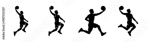 Basketball player silhouette set, dunking athlete vector icons, sports action graphics