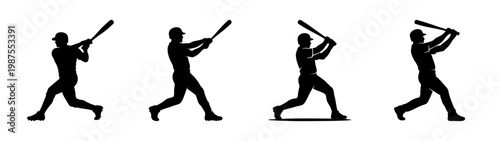 Baseball player silhouette set, 4 athlete icons swinging bats, sports vector graphics