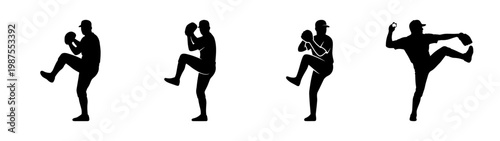 Baseball pitcher silhouette set, 4 athlete throwing poses, black sports vector icons