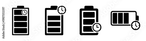Minimalist battery charging icons. Set of 4 power level symbols with clock timers.