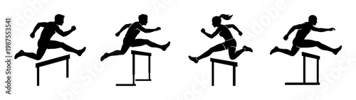 Hurdle runner silhouettes, track and field athletes jumping, sports vector set