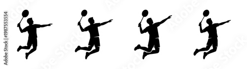 Badminton player silhouettes, jumping athlete with racket, sports vector set of 4 icons