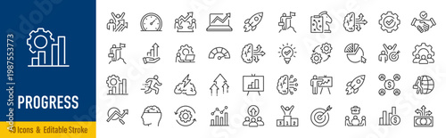 Progress web icons in line style. Brainstorming, creativity, skill, strategy, startup, management, collection. Vector illustration.