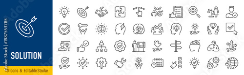 Solution web icons in line style. Options, alternative, success, result, resolve, team, collection. Vector illustration.