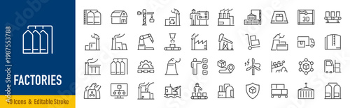Factories web icons in line style. Production, technology, factory, industry power, manufacture. Vector illustration.