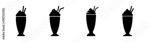 Milkshake icon set, 4 black silhouette smoothie vectors, sweet dessert drink symbols