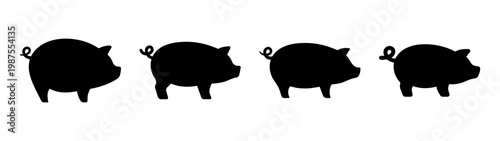 Pig silhouette collection, black farm animal icons, set of 4 swine vector graphics