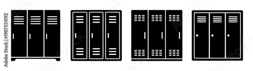 Black metal locker icons, school gym storage cabinets, 4 vector locker room sets