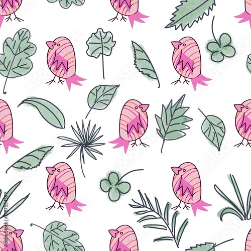 seamless pattern with leaves and birds