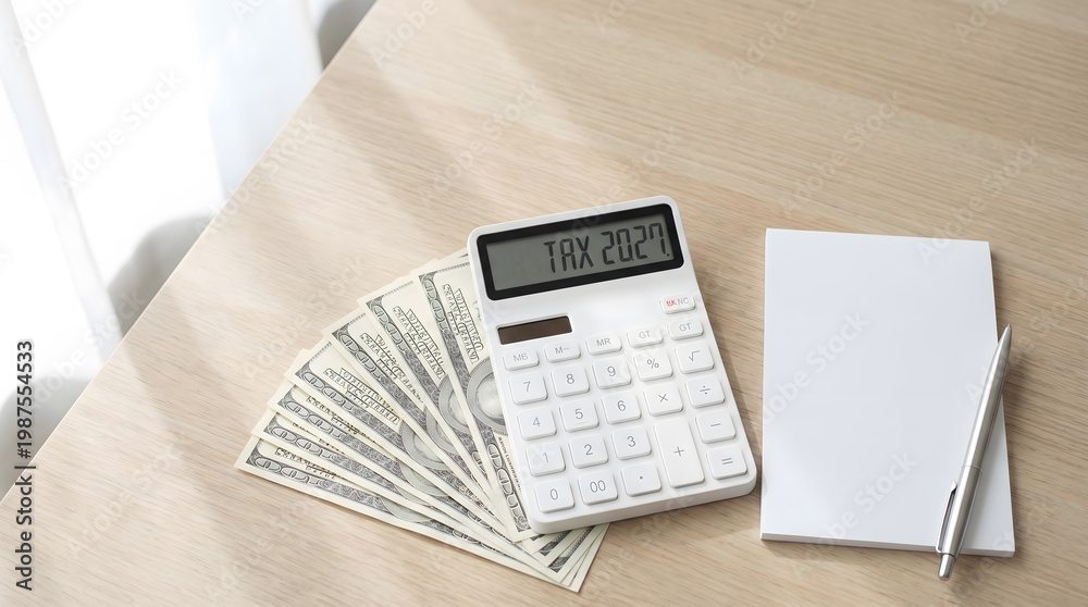 Obraz premium White Calculator Tax 2027 Display with Fan of Dollar Bill and Notepad on Desk