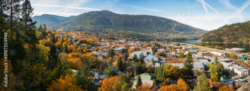 Nelson Canada Lush Autumn Colours Panorama. Nelson in autumn on the West Arm of Kootenay Lake in the Southern Interior of British Columbia, Canada.
