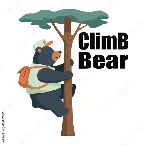Bear climbing tree with backpack and hat