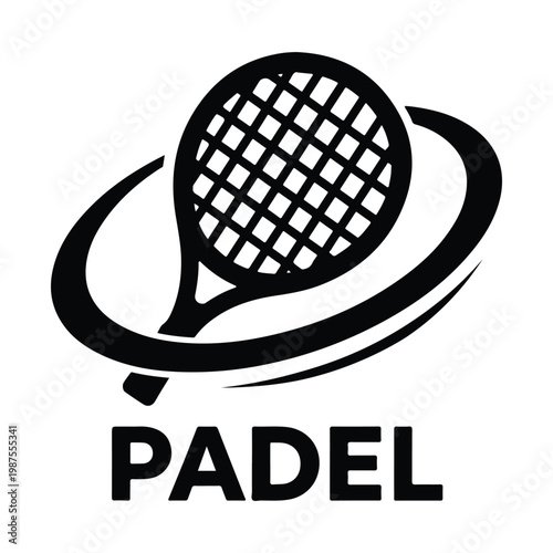 Two crossed padel rackets with a ball above them in a black and white illustration.
Black silhouette of a padel racket and ball with the word padel isolated on white background
