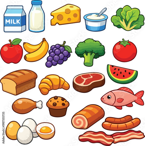 Assortment of Fresh Food Items: Milk, Cheese, Fruits, Vegetables, Bread, Meat, Fish, Eggs, and Baked Goods - Flat Design Vector Illustration