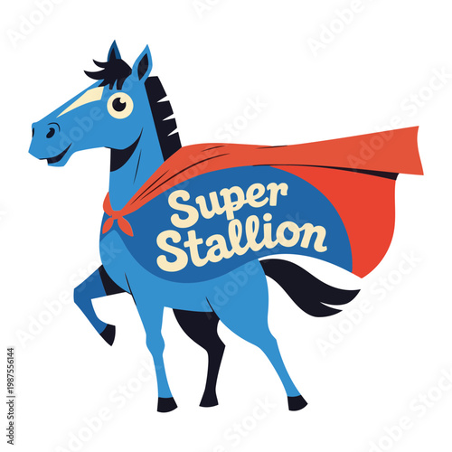 Blue horse superhero with red cape and Super Stallion text