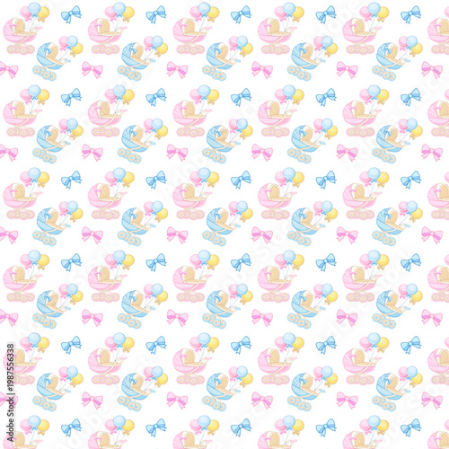 Seamless baby shower pattern with pink and blue strollers, balloons and bows for gender reveal decor and nursery textile