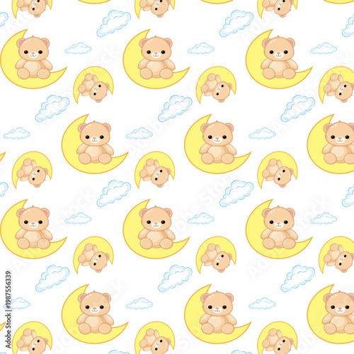 Cute seamless baby pattern with teddy bears on crescent moons, clouds and sleepy puppy faces for nursery textile